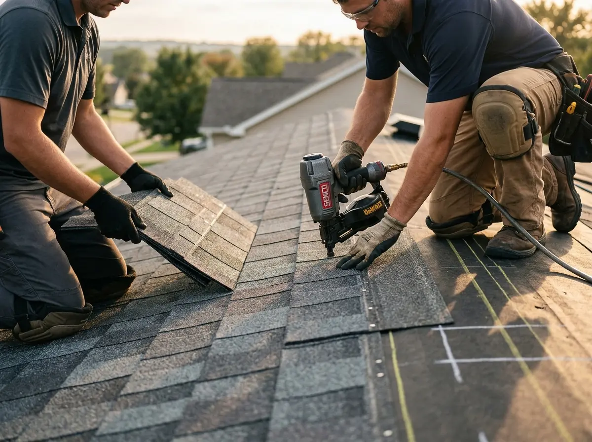 Professional roofer working on a residential roof in Southfield
